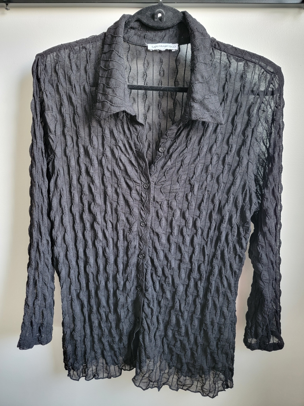 Black Textured Sheer Button-Up Shirt
